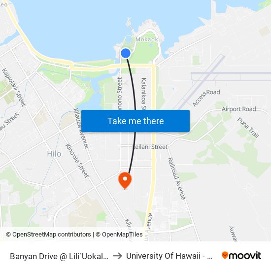 Banyan Drive @ LiliʻUokalani Park And Gardens to University Of Hawaii - Hilo Manono Campus map