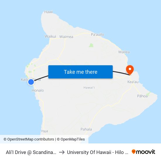 Ali'I Drive @ Scandinavian Shave Ice to University Of Hawaii - Hilo Manono Campus map