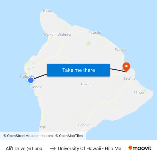 Ali'I Drive @ Lunapule Road to University Of Hawaii - Hilo Manono Campus map