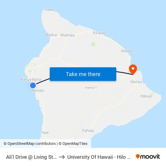 Ali'I Drive @ Living Stones Church to University Of Hawaii - Hilo Manono Campus map