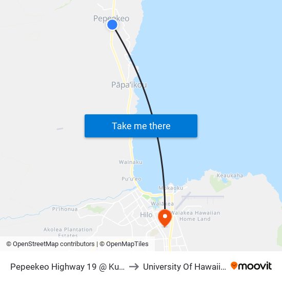 Pepeekeo Highway 19 @ Kulaimano Road (U.S. Post Office) to University Of Hawaii - Hilo Manono Campus map