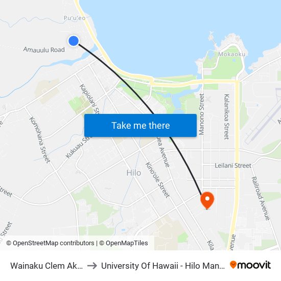 Wainaku Clem Akina Park to University Of Hawaii - Hilo Manono Campus map