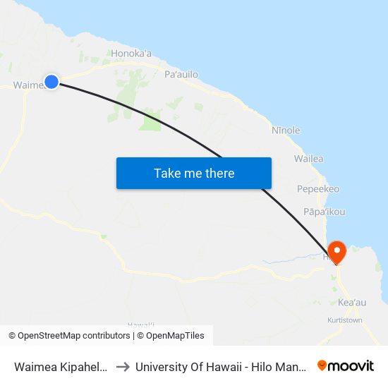 Waimea Kipahele Street to University Of Hawaii - Hilo Manono Campus map