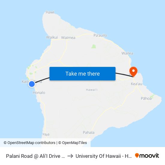 Palani Road @ Ali'I Drive (Courtyard Marriott) to University Of Hawaii - Hilo Manono Campus map