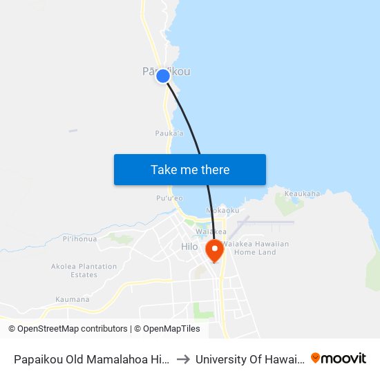 Papaikou Old Mamalahoa Highway @ Kalanianaole Elementary to University Of Hawaii - Hilo Manono Campus map