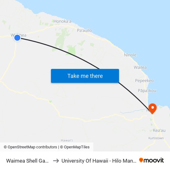 Waimea Shell Gas Station to University Of Hawaii - Hilo Manono Campus map