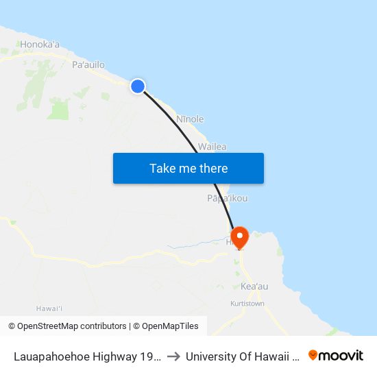 Lauapahoehoe Highway 19 @ Old Mamalahoa Highway to University Of Hawaii - Hilo Manono Campus map