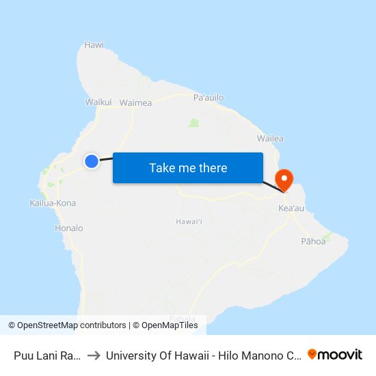 Puu Lani Ranch to University Of Hawaii - Hilo Manono Campus map