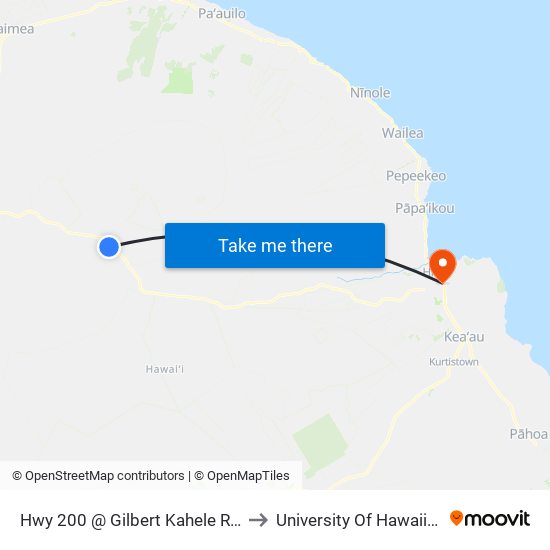 Hwy 200 @ Gilbert Kahele Recreation Park (At Flag Poles) to University Of Hawaii - Hilo Manono Campus map