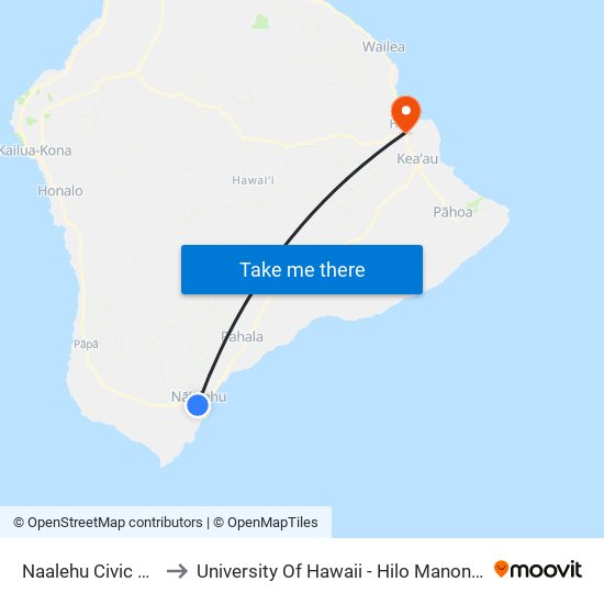 Naalehu Civic Center to University Of Hawaii - Hilo Manono Campus map