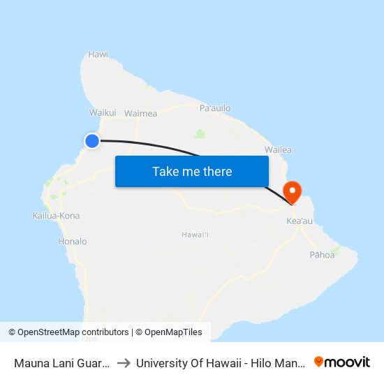 Mauna Lani Guard Shack to University Of Hawaii - Hilo Manono Campus map