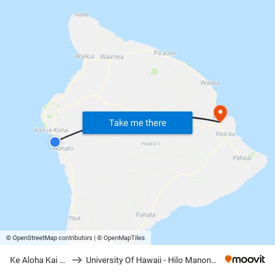 Ke Aloha Kai Place to University Of Hawaii - Hilo Manono Campus map