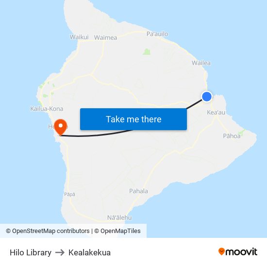 Hilo Library to Kealakekua map