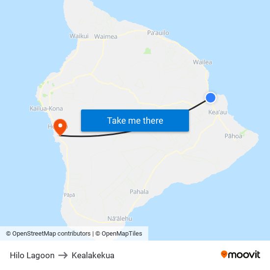 Hilo Lagoon to Kealakekua map