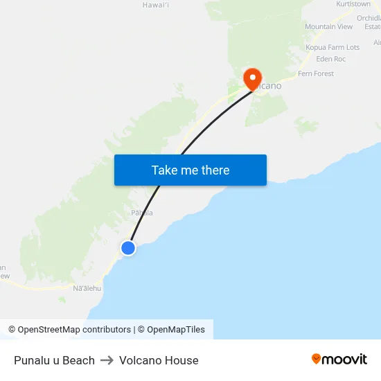 Punalu u Beach to Volcano House map