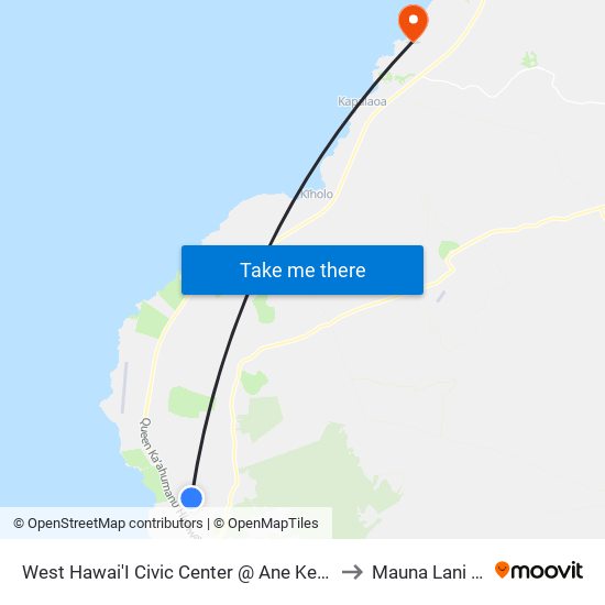 West Hawai'I Civic Center @ Ane Keohokalole Hwy to Mauna Lani Resort map