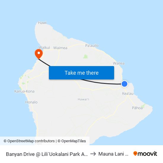 Banyan Drive @ LiliʻUokalani Park And Gardens to Mauna Lani Resort map