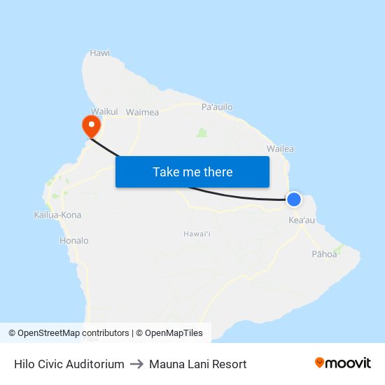 Hilo Civic Auditorium to Mauna Lani Resort map