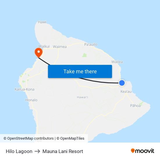 Hilo Lagoon to Mauna Lani Resort map