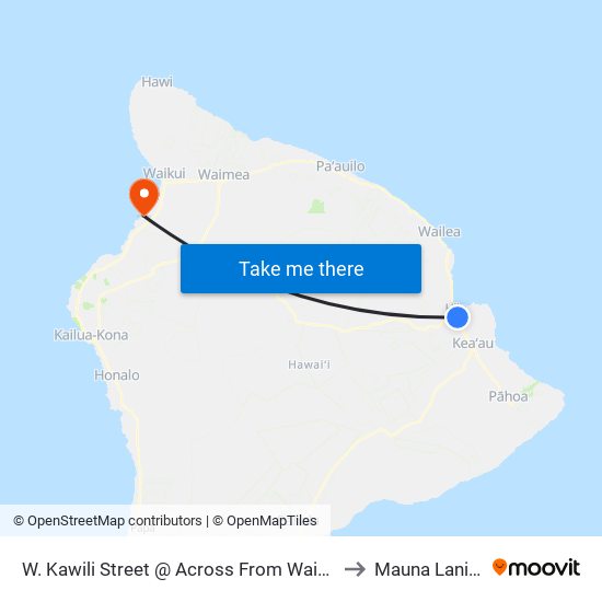 W. Kawili Street @ Across From Waiakea High School to Mauna Lani Resort map