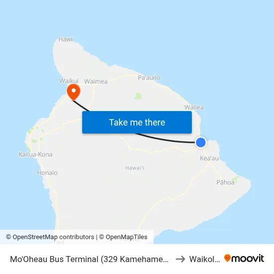 Mo'Oheau Bus Terminal (329 Kamehameha Ave) to Waikoloa map