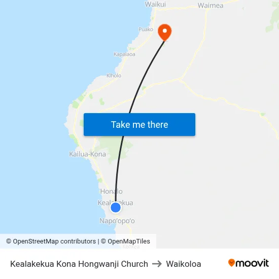 Kealakekua Kona Hongwanji Church to Waikoloa map