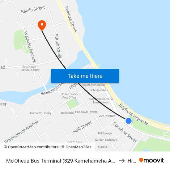 Mo'Oheau Bus Terminal (329 Kamehameha Ave) to Hilo map