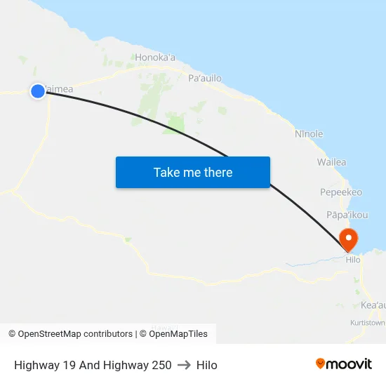 Highway 19 And Highway 250 to Hilo map