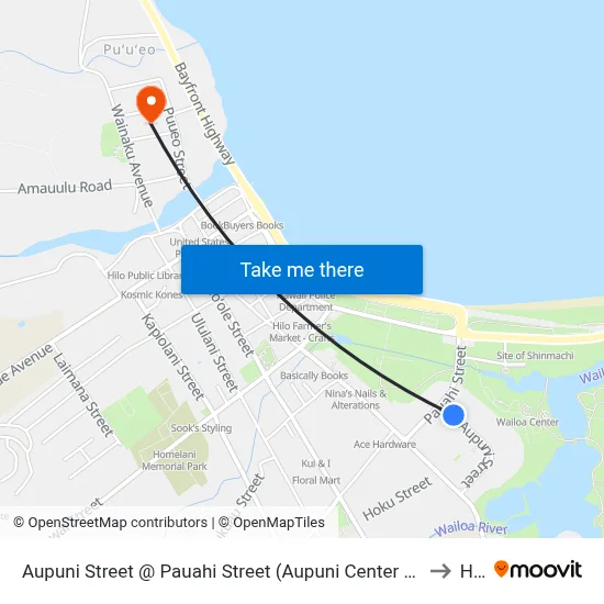 Aupuni Street @ Pauahi Street (Aupuni Center County Building) to Hilo map