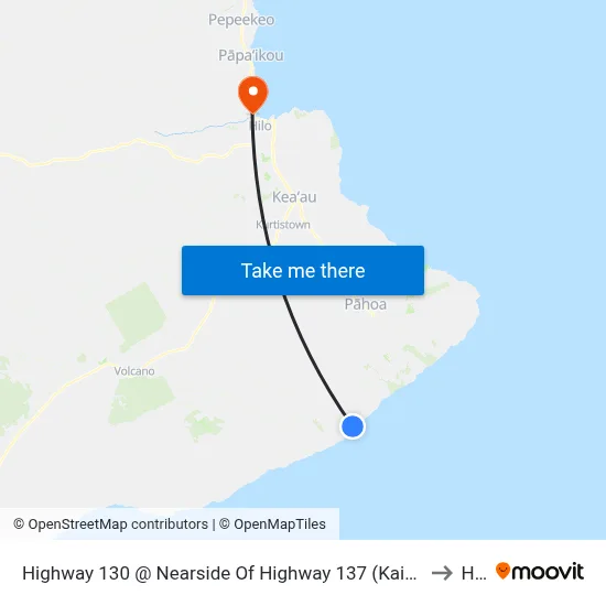 Highway 130 @ Nearside Of Highway 137 (Kaimu Beach Park) to Hilo map