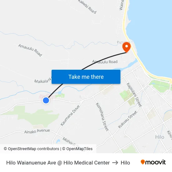 Hilo Waianuenue Ave @ Hilo Medical Center to Hilo map