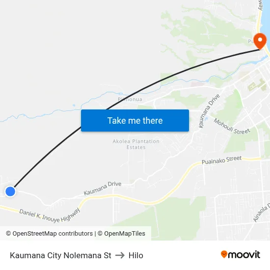 Kaumana City Nolemana St to Hilo map