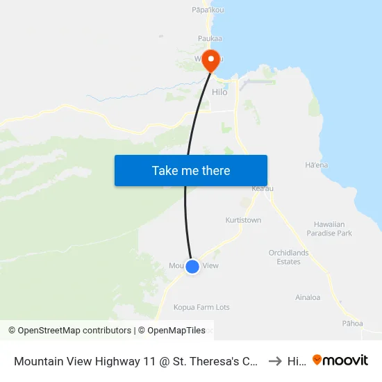 Mountain View Highway 11 @ St. Theresa's Church to Hilo map