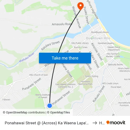 Ponahawai Street @ (Across) Ka Waena Lapa'Au Medical Center to Hilo map