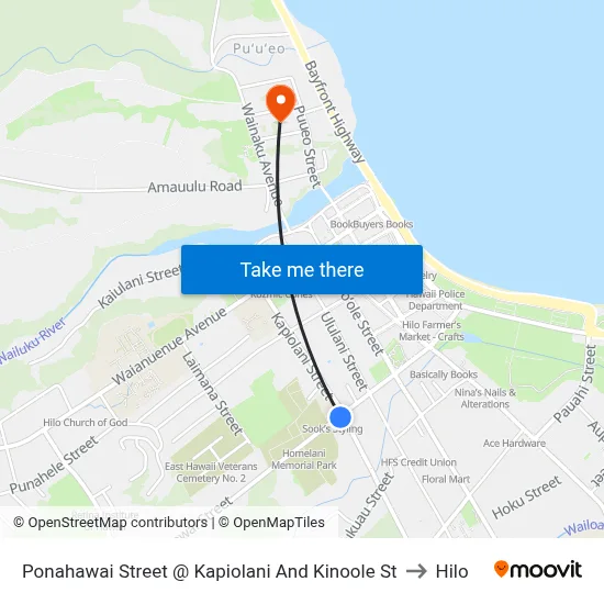 Ponahawai Street @ Kapiolani And Kinoole St to Hilo map