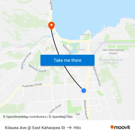 Kilauea Ave @ East Kahaopea St to Hilo map