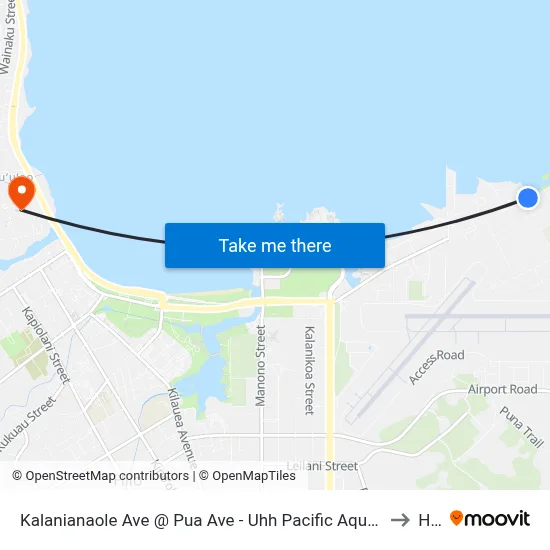 Kalanianaole Ave @ Pua Ave - Uhh Pacific Aquaculture Center to Hilo map