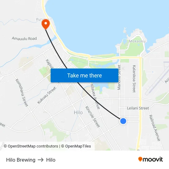 Hilo Brewing to Hilo map