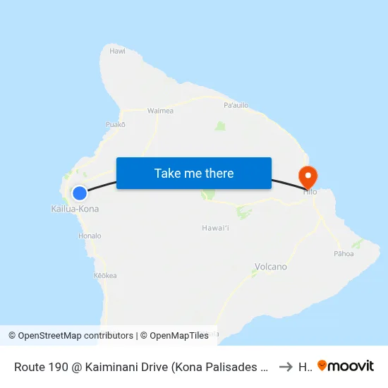 Route 190 @ Kaiminani Drive (Kona Palisades Across Matsuyama Food Mart) to Hilo map