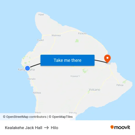 Kealakehe Jack Hall to Hilo map