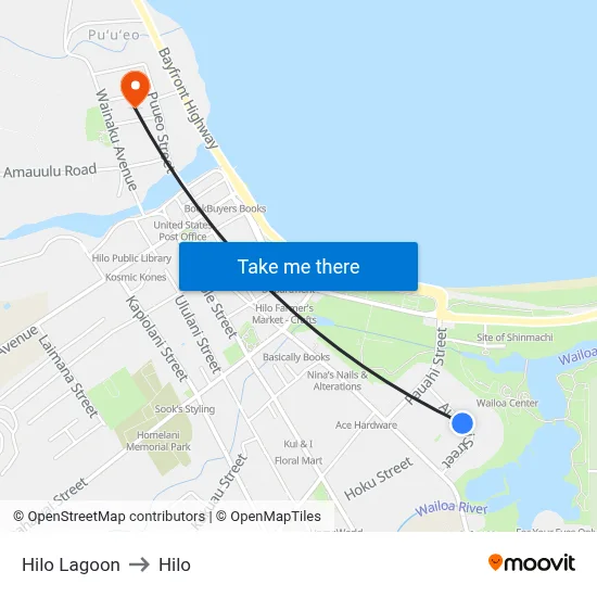 Hilo Lagoon to Hilo map