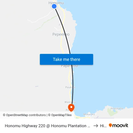 Honomu Highway 220 @ Honomu Plantation Store to Hilo map