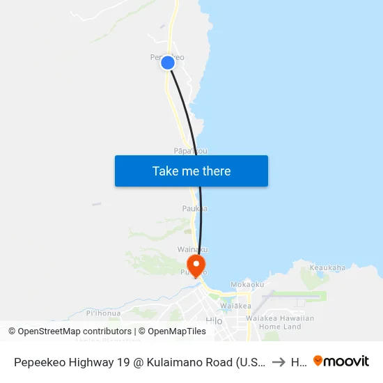 Pepeekeo Highway 19 @ Kulaimano Road (U.S. Post Office) to Hilo map