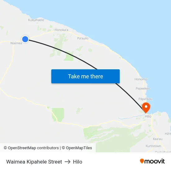 Waimea Kipahele Street to Hilo map
