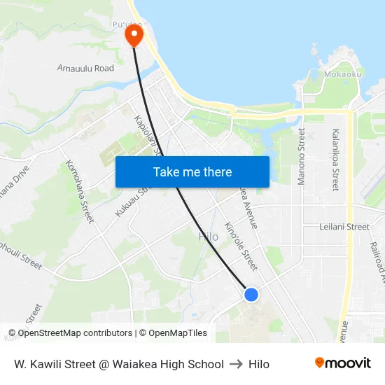 W. Kawili Street @ Waiakea High School to Hilo map