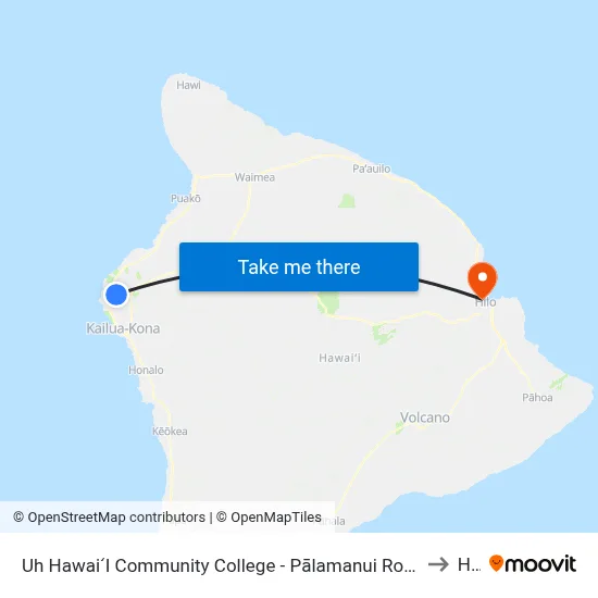 Uh HawaiʻI Community College - Pālamanui Road @ Ane Keohokalole to Hilo map