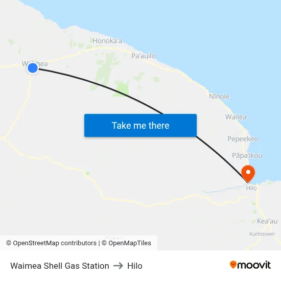 Waimea Shell Gas Station to Hilo map