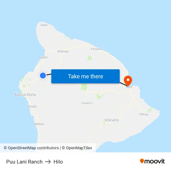 Puu Lani Ranch to Hilo map