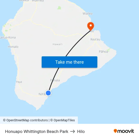 Honuapo Whittington Beach Park to Hilo map