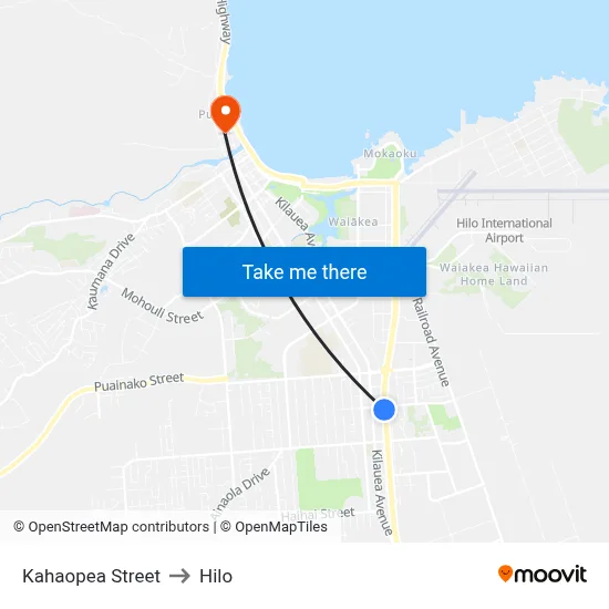 Kahaopea Street to Hilo map